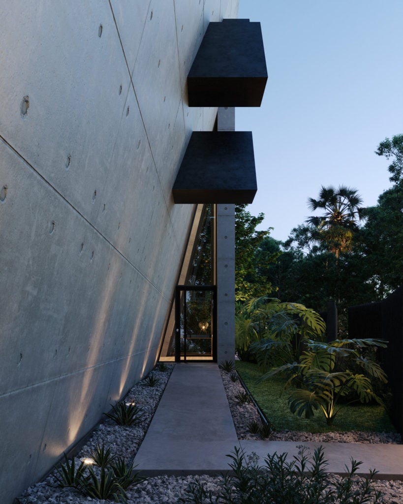 exterior render during dusk in the evening with Eraclis Papachristou architecture for a house with a slanted concrete main facade