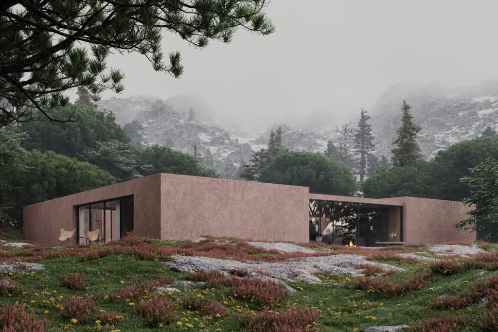 arch viz 3d rendered image of pink walls minimalist architecture in serra da estrela mountains in portugal